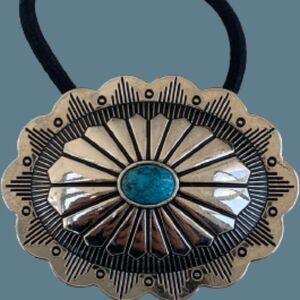 Western Cowgirl Concho Hair Tie, Silver & Faux Turquoise, Native American Style